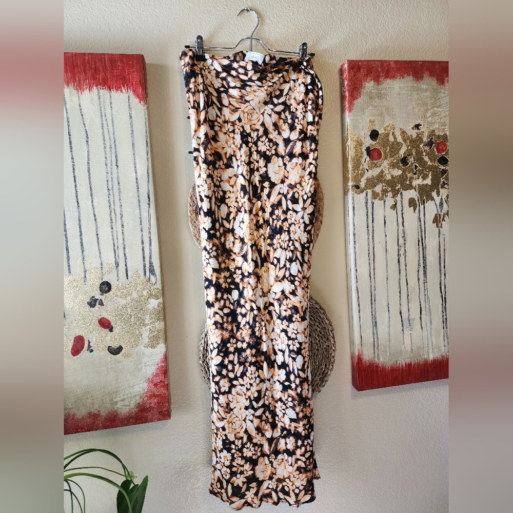 Sage the Label Floral Patterned Strapless Maxi in Black and Tan